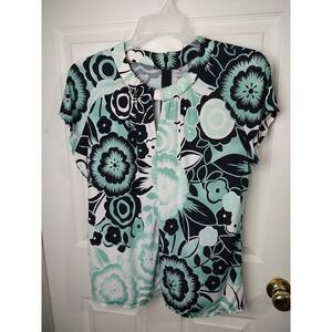 Worthington Petite V High Neck Aqua Black Pullover Blouse Size PXL